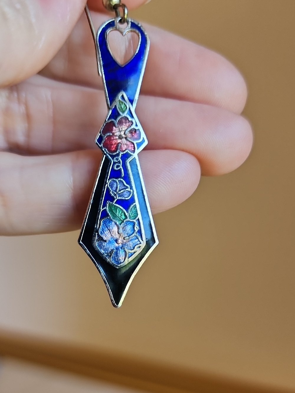 Vintage Cloisonne Dangle Earrings Floral Heart Royal Blue Pink